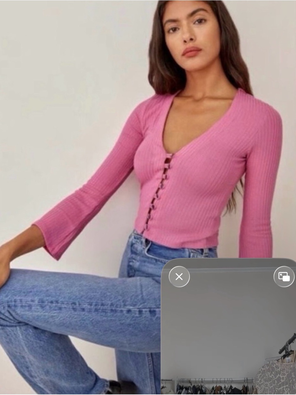 Reformation Rose Pink Ribbed Button-Front V-Neck Long Sleeve Top